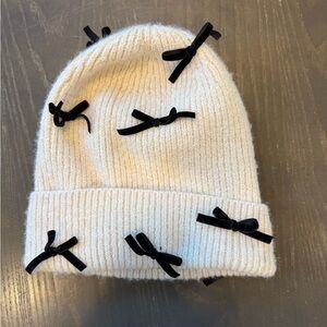 Anthropologie Cream Beanie with Black Bows